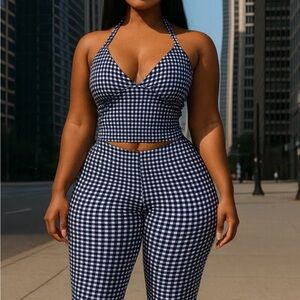 Gingham Halter Crop Top & High-Waist capris Set - Navy/White